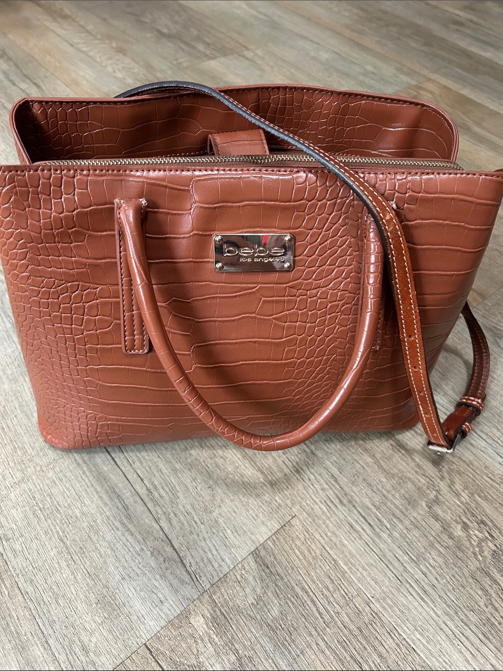bebe Croc-Embossed Tote in Cognac Brown